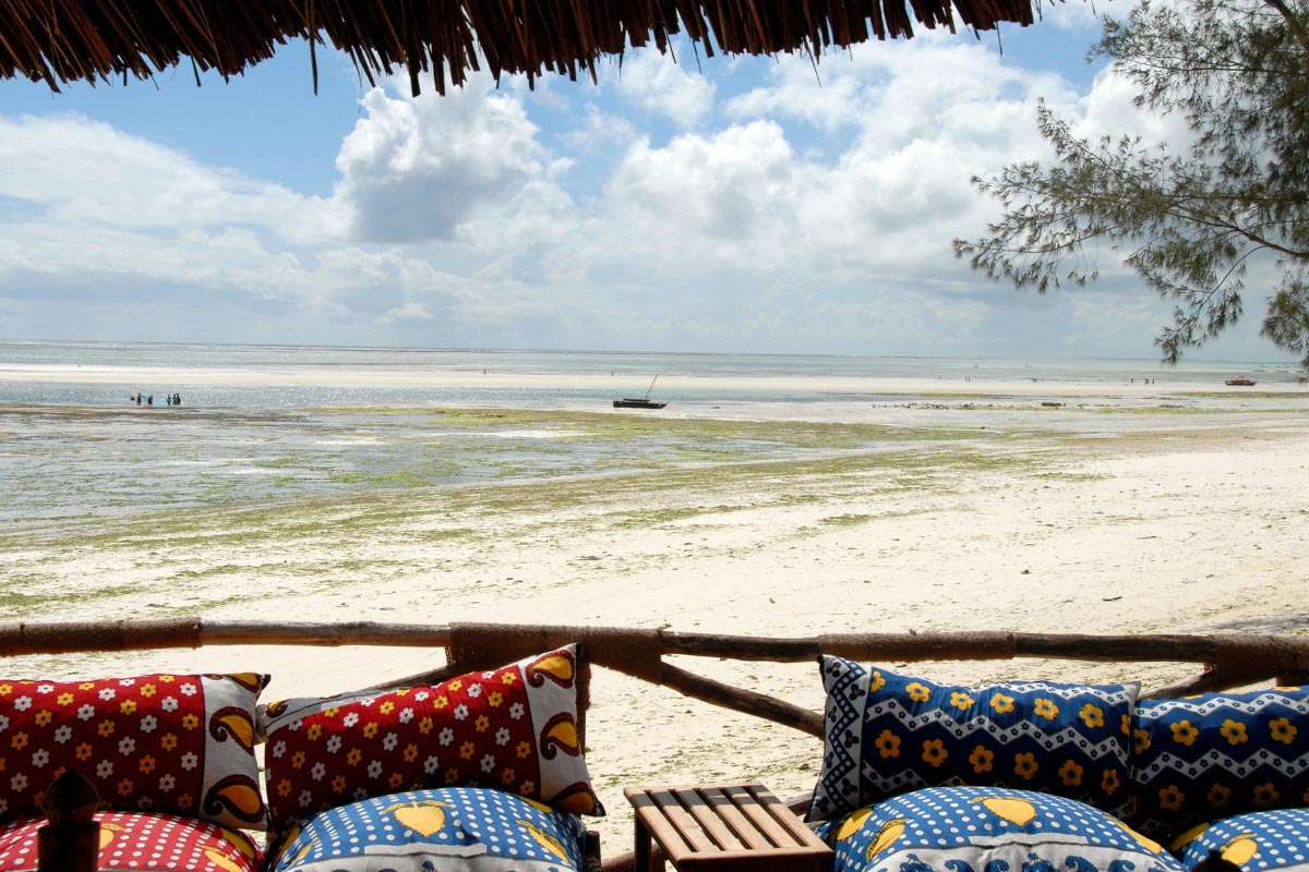 Restaurant overlooking Kiwengwa Beach at low tide