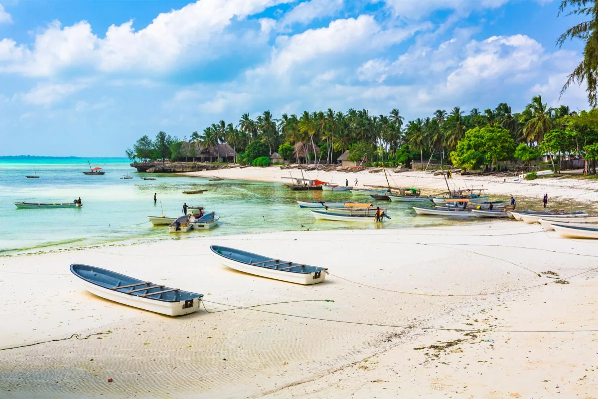 Boats moored at Kizimkazi Beach at low tide